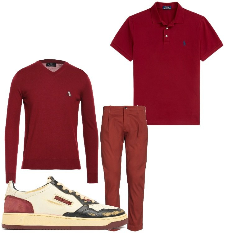 Outfit uomo - Bordeaux. Stile Casual per Tutti i giorni. Abbinamento con pantaloni, pullovers, polo, sneakers.