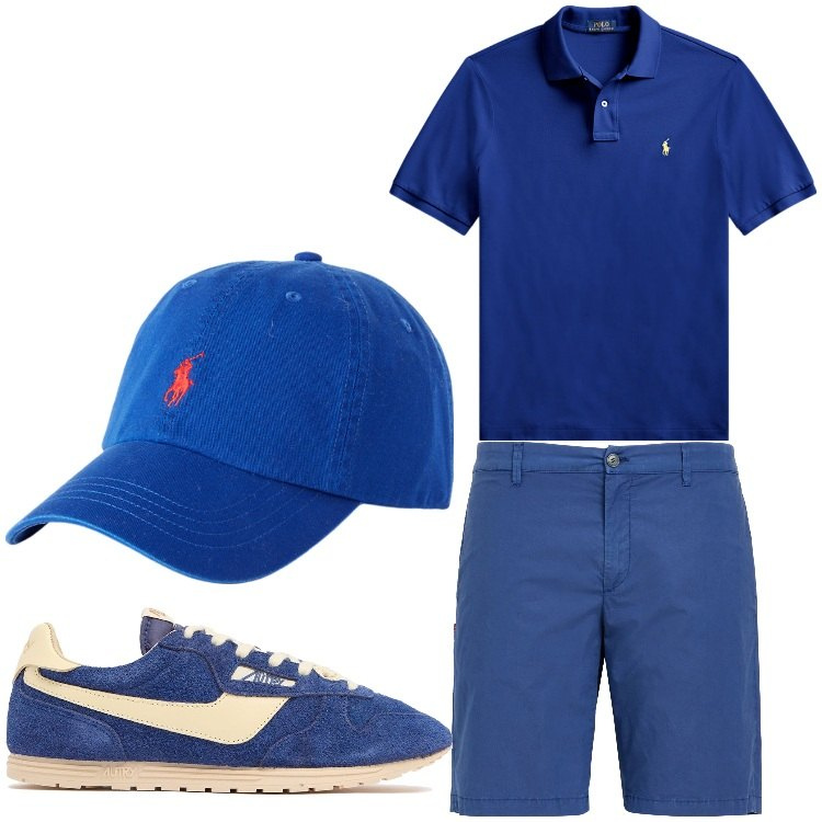 Outfit uomo - Blu elettrico. Stile Casual per Tutti i giorni. Abbinamento con shorts, cappelli, polo, sneakers.