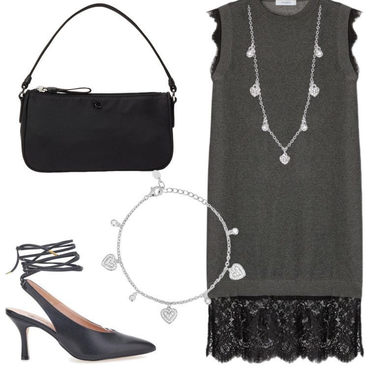 Outfit donna - Serata fuori. Stile Chic per Serata fuori. Abbinamento con braccialetti, collane, pochette, décolleté, vestiti corti.