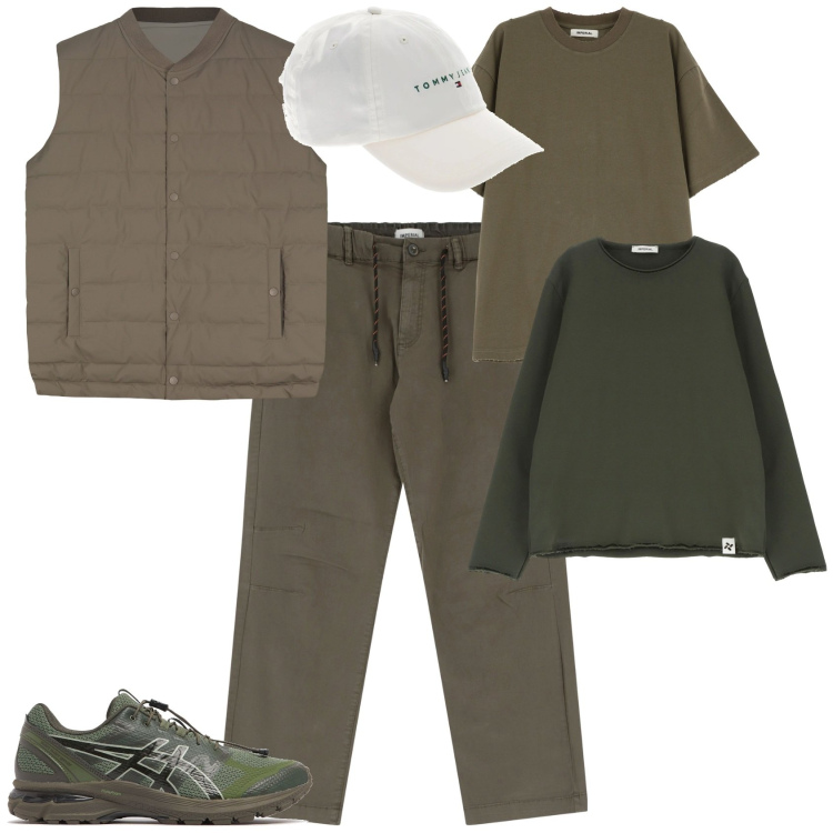 Outfit uomo - Total look #2123656. Stile Urban per Tutti i giorni. Abbinamento con felpe, pantaloni, t-shirt, gilet, sneakers, cappelli.