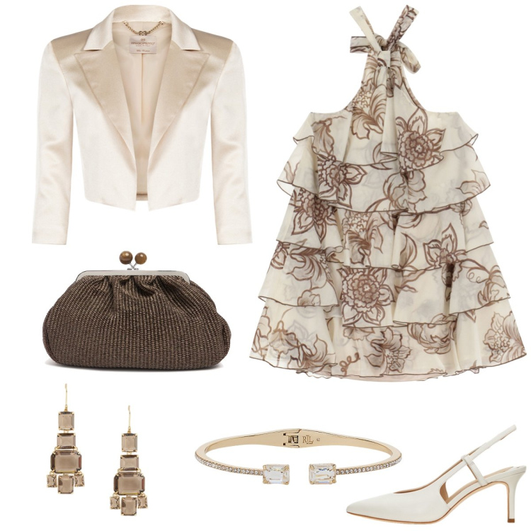Outfit donna - Cerimonia. Stile Chic per Cerimonia. Abbinamento con bolero, vestiti corti, décolleté, orecchini, braccialetti, pochette.