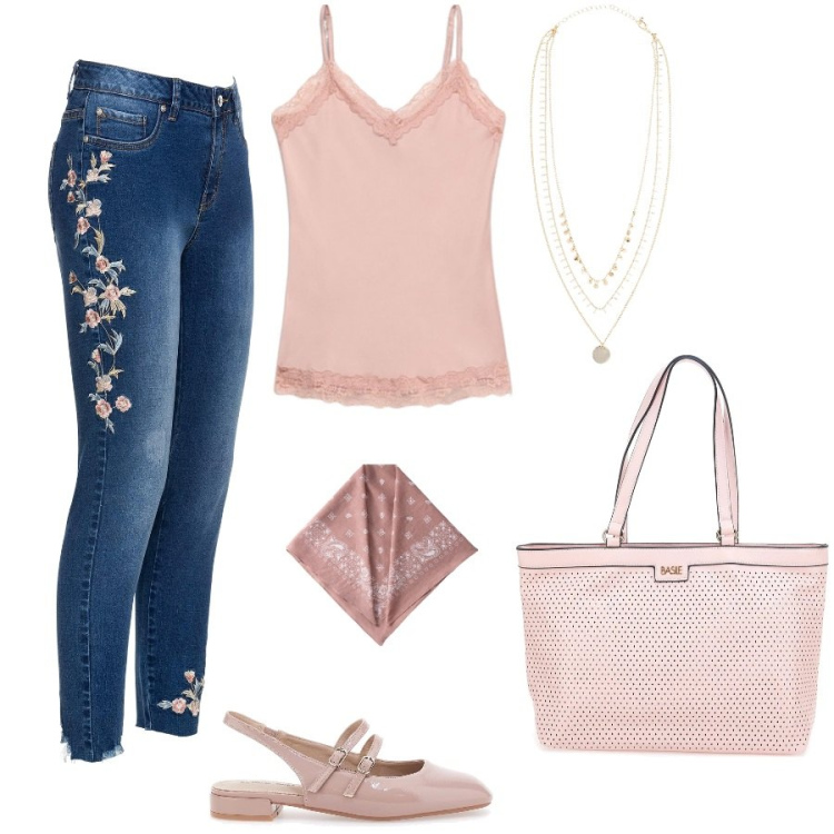 Outfit donna - Shopping in the city. Stile Casual chic per Tutti i giorni. Abbinamento con collane, jeans, ballerine, borse a spalla, top, foulard.