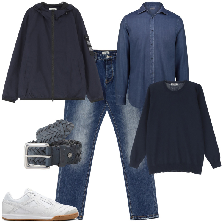 Outfit uomo - Total look #2123663. Stile Trendy per Tutti i giorni. Abbinamento con giacche, maglieria, cinture, jeans dritti, camicie, sneakers.