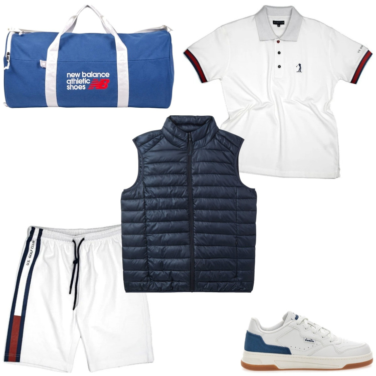 Outfit uomo - Domenica: partita a tennis. Stile Casual per Sport. Abbinamento con piumini, borse sportive, pantaloni corti, sneakers, polo.