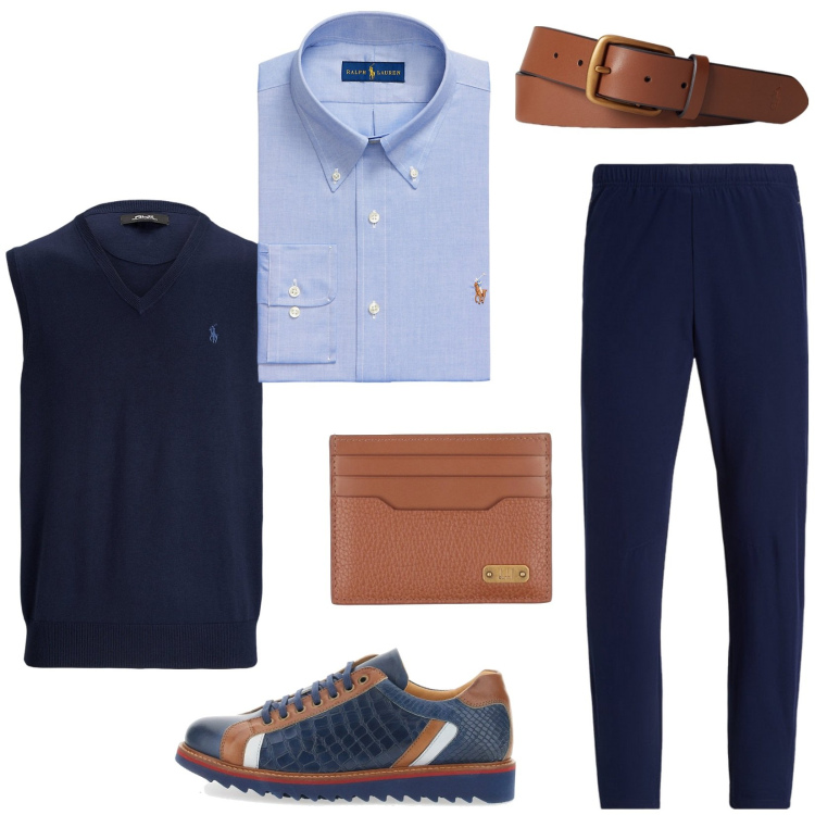 Outfit uomo - Eleganza sportiva: blu e cuoio. Stile Casual per Serata speciale. Abbinamento con portafogli, camicie, cinture, maglieria, pantaloni, scarpe stringate.