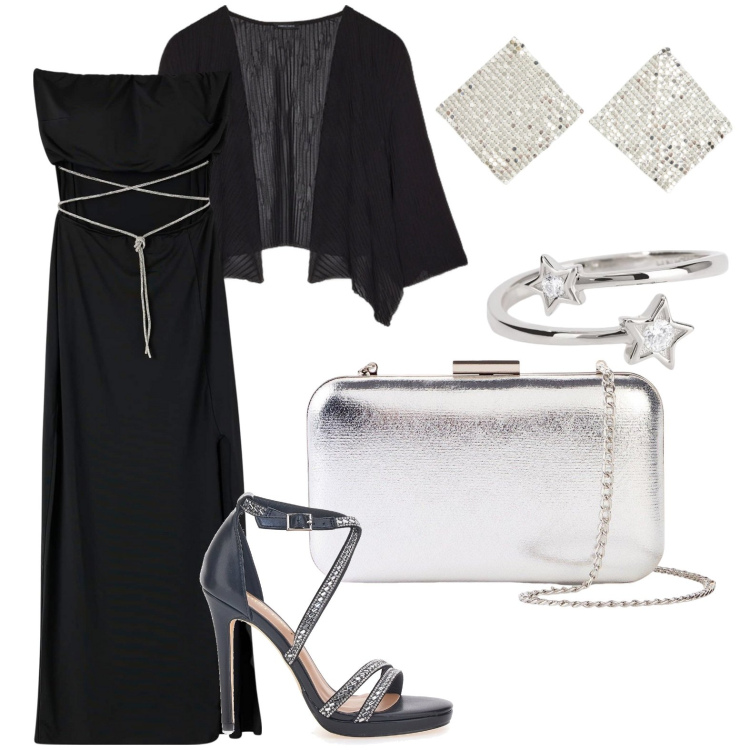 Outfit donna - Serata di gala. Stile Glamour per Cerimonia. Abbinamento con pochette, vestiti lunghi, orecchini, anelli, sandali col tacco, bolero.