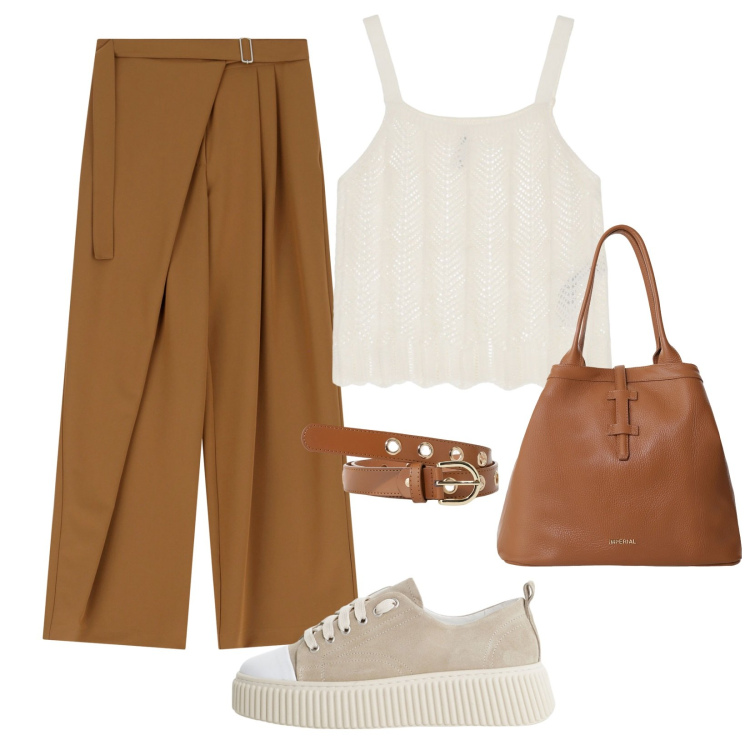 Outfit donna - Tutto Imperial. Stile Casual per Tutti i giorni. Abbinamento con pantaloni a palazzo, sneakers, top, borse tote, cinture.