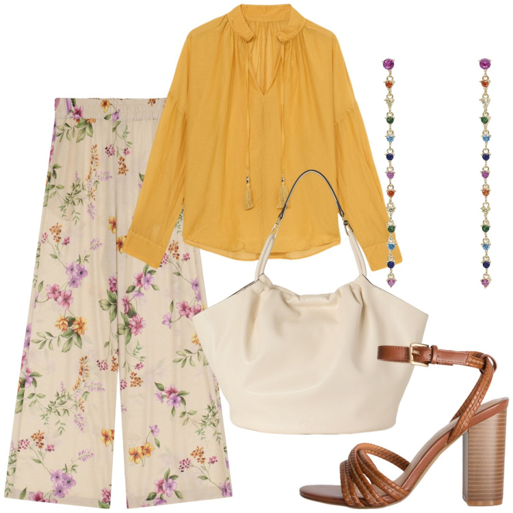 Outfit donna - Rifiorire in primavera. Stile Boho per Tutti i giorni. Abbinamento con orecchini, pantaloni, borse a secchiello, sandali col tacco, bluse.