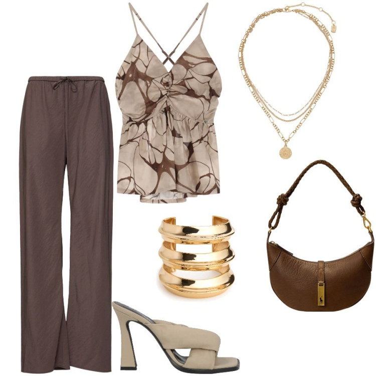 Outfit donna - Serate d\'estate. Stile Chic per Serata fuori. Abbinamento con sandali in pelle, canottiere, ciondoli, borse a spalla, pantaloni, braccialetti.