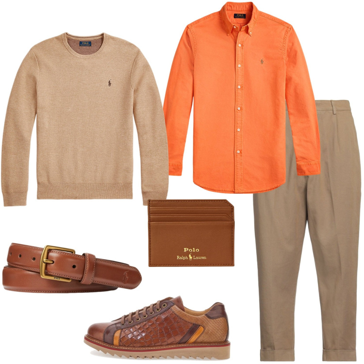 Outfit uomo - Eleganza sportiva: arancione e cuoio. Stile Casual per Tutti i giorni. Abbinamento con pantaloni chino, cinture, maglieria, portafogli, camicie, scarpe stringate.