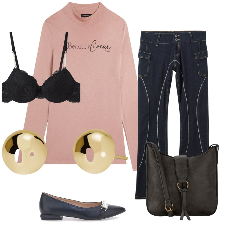 Outfit donna - Felpa al lavoro. Stile Casual chic per Ufficio. Abbinamento con borse a tracolla, jeans a zampa, reggiseni a balconcino, orecchini, maglieria, ballerine.