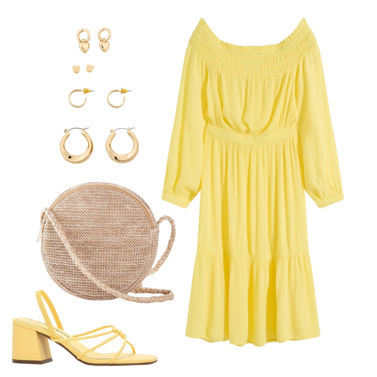 Outfit donna - Giallo. Stile Boho per Tutti i giorni. Abbinamento con borse a tracolla, vestiti, sandali col tacco, orecchini.