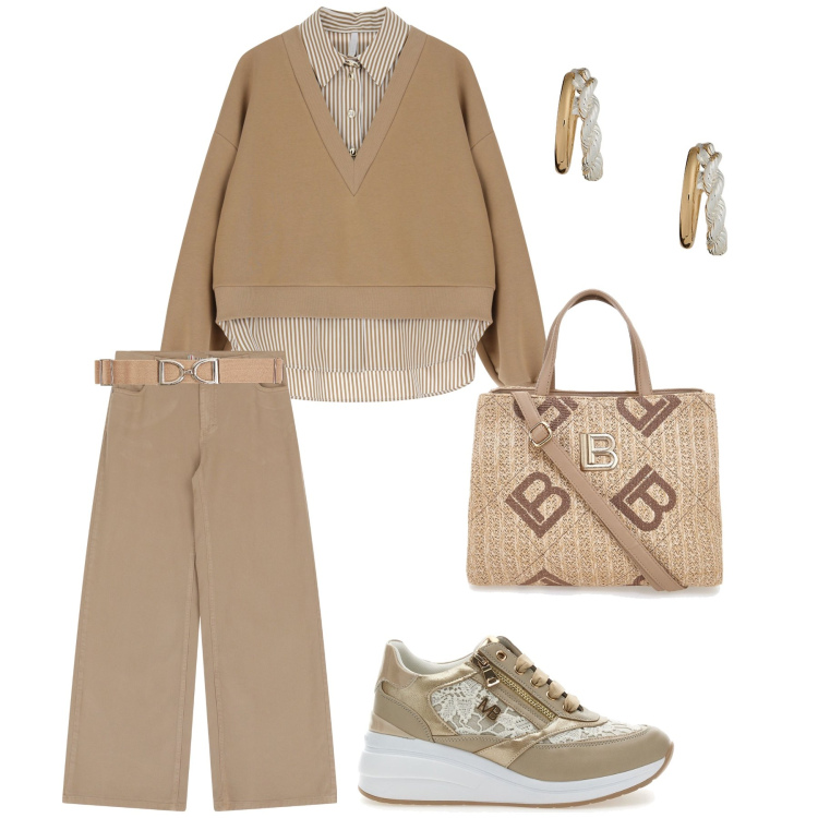 Outfit donna - I colori della terra. Stile Casual chic per Tutti i giorni. Abbinamento con cinture, pantaloni, felpe, orecchini, scarpe stringate, borse a tracolla.