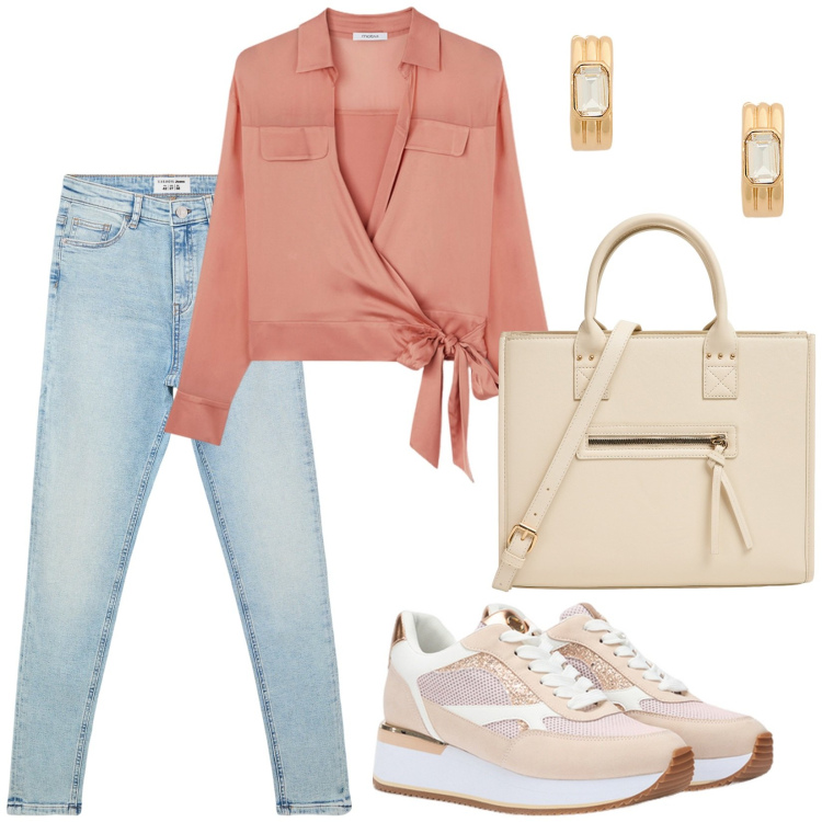 Outfit donna - Total look #2123688. Stile Sporty chic per Tutti i giorni. Abbinamento con jeans skinny, shopping bag, orecchini, camicie, sneakers.