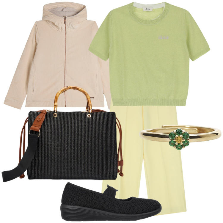 Outfit donna - Domani piove. Stile Urban per Tutti i giorni. Abbinamento con anelli, pantaloni, blazer, maglieria, ballerine, borse a mano.