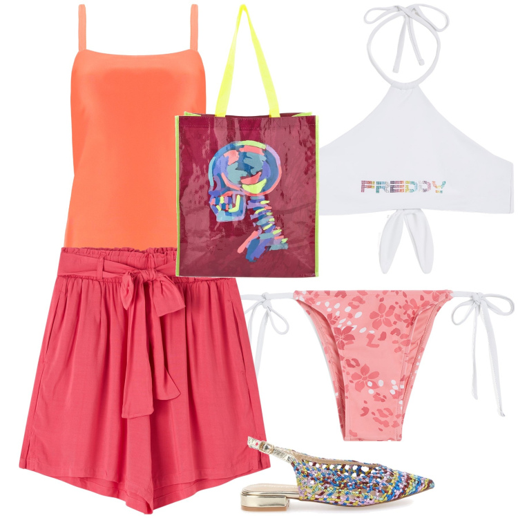 Outfit donna - Spiaggia mix. Stile Casual per Mare. Abbinamento con shorts, canottiere, bikini, bikini, ballerine, shopping bag.