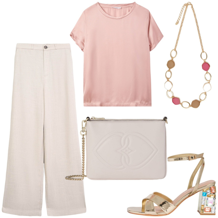 Outfit donna - Chic quotidiano. Stile Chic per Ufficio. Abbinamento con t-shirt, pantaloni, sandali gioiello, collane, pochette.