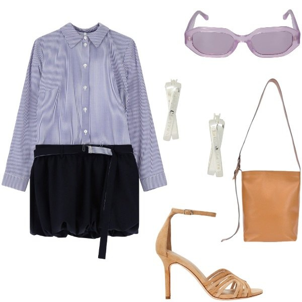 Outfit donna - A pranzo fuori...... Stile Casual chic per Tutti i giorni. Abbinamento con vestiti corti, orecchini, sandali in pelle, occhiali da sole, borse a secchiello.