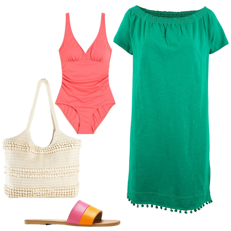 Outfit donna - Kiwi, lime e pompelmo in spiaggia. Stile Boho per Mare. Abbinamento con shopping bag, ciabatte, vestiti, costumi interi.