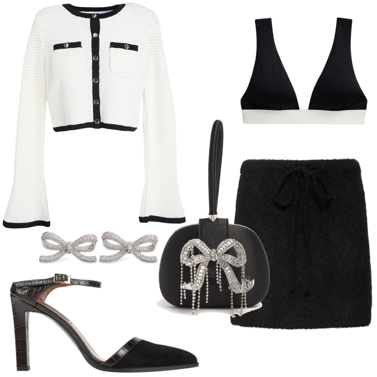 Outfit donna - Total look. Stile Glamour per Serata fuori. Abbinamento con cardigans, décolleté, top, pochette, minigonne, orecchini.