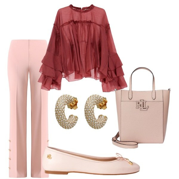 Outfit donna - Invitata a cena. Stile Bon Ton per Serata fuori. Abbinamento con orecchini, pantaloni a palazzo, camicie, ballerine, borse tote.