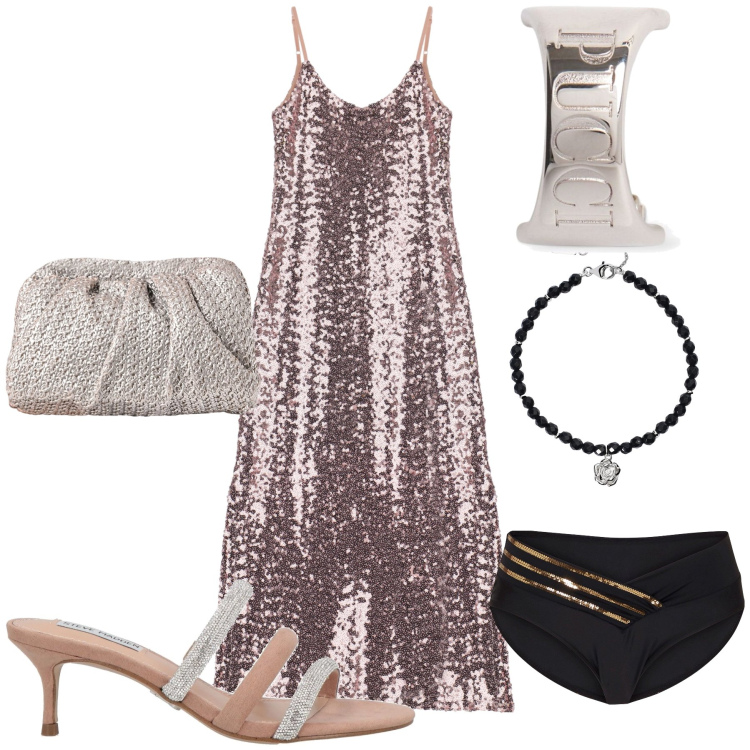 Outfit donna - Al ballo. Stile Glamour per Serata fuori. Abbinamento con culotte, sandali col tacco, braccialetti, clutch, vestiti, orecchini.