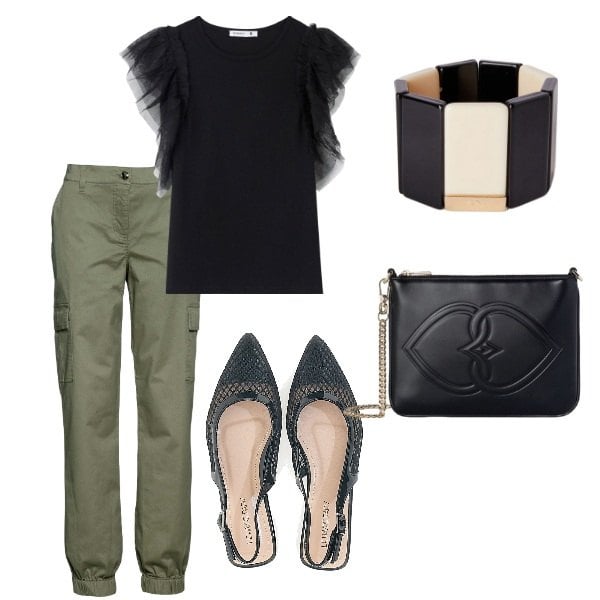 Outfit donna - A spasso per la città. Stile Casual per Tutti i giorni. Abbinamento con pantaloni cargo, t-shirt, ballerine, braccialetti, pochette.