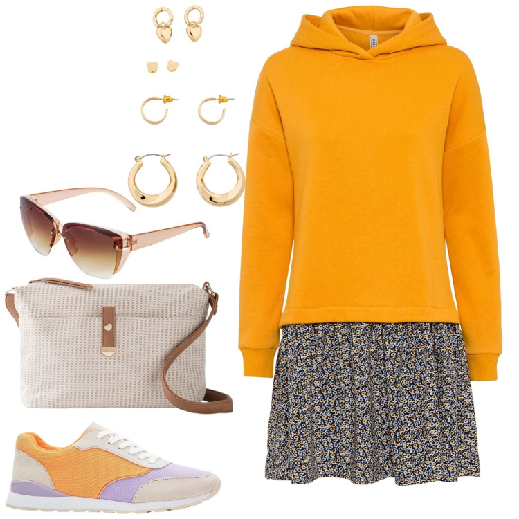 Outfit donna - Arancia. Stile Casual chic per Tutti i giorni. Abbinamento con vestiti, occhiali da sole, borse a tracolla, sneakers, orecchini.