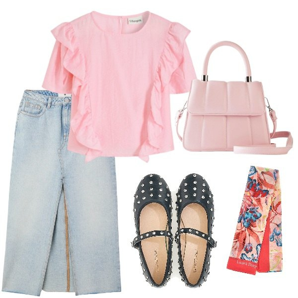 Outfit donna - La gonna di jeans. Stile Casual per Tutti i giorni. Abbinamento con bluse, borse a tracolla, gonne lunghe, ballerine, foulard.