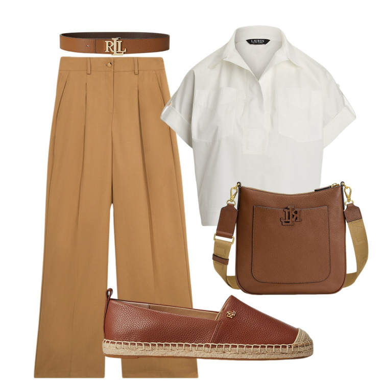 Outfit donna - Lauren accessori. Stile Casual chic per Tutti i giorni. Abbinamento con cinture, borse a tracolla, espadrillas, camicie a manica corta, pantaloni a palazzo.