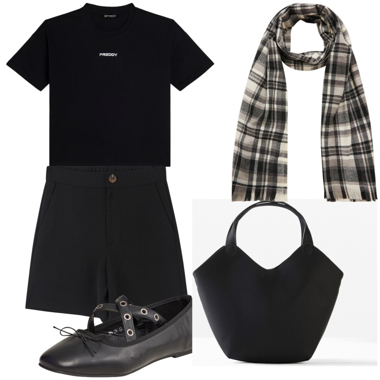 Outfit donna - Sconti in black. Stile Urban per Tutti i giorni. Abbinamento con borse a mano, ballerine, bermuda, sciarpe, t-shirt.