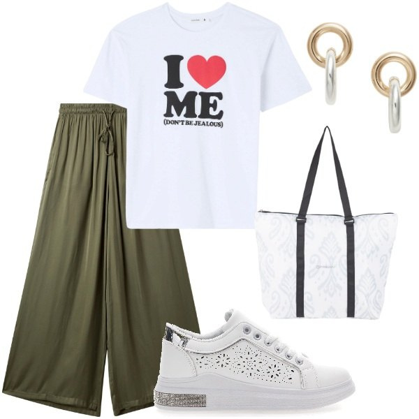 Outfit donna - A spasso per la città. Stile Casual per Tutti i giorni. Abbinamento con t-shirt, pantaloni a palazzo, shopping bag, orecchini, sneakers.