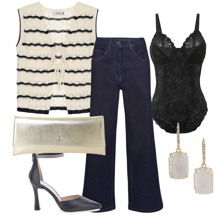 Outfit donna - Lingerie a vista. Stile Sexy per Serata fuori. Abbinamento con body, top, pochette, orecchini, décolleté, pantaloni.
