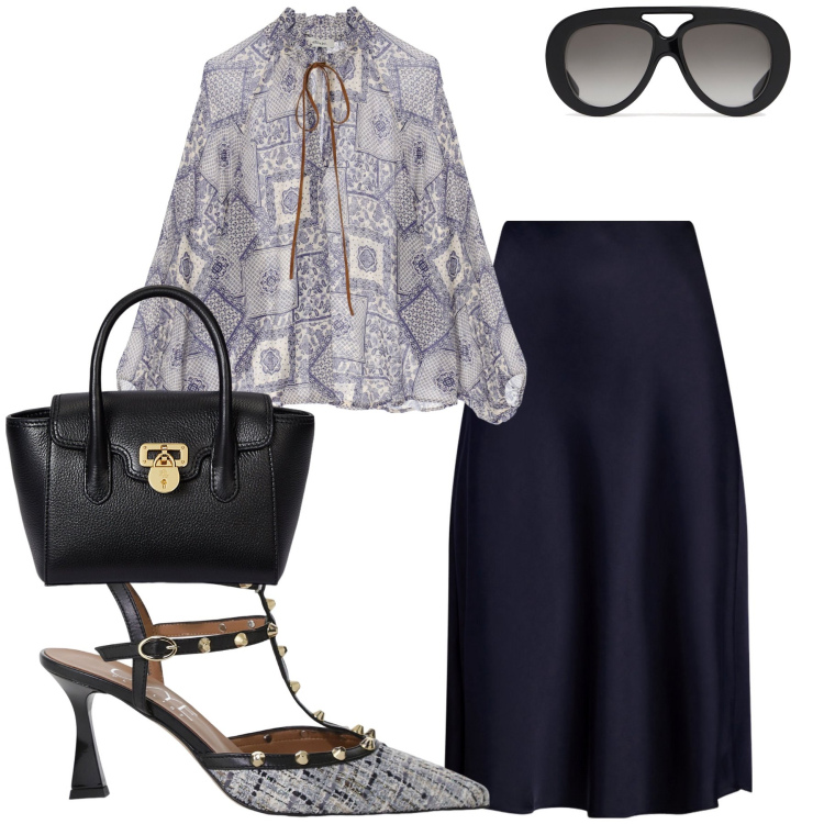 Outfit donna - Ufficio elegante. Stile Glamour per Ufficio. Abbinamento con décolleté, bluse, borse a mano, gonne, occhiali da sole.