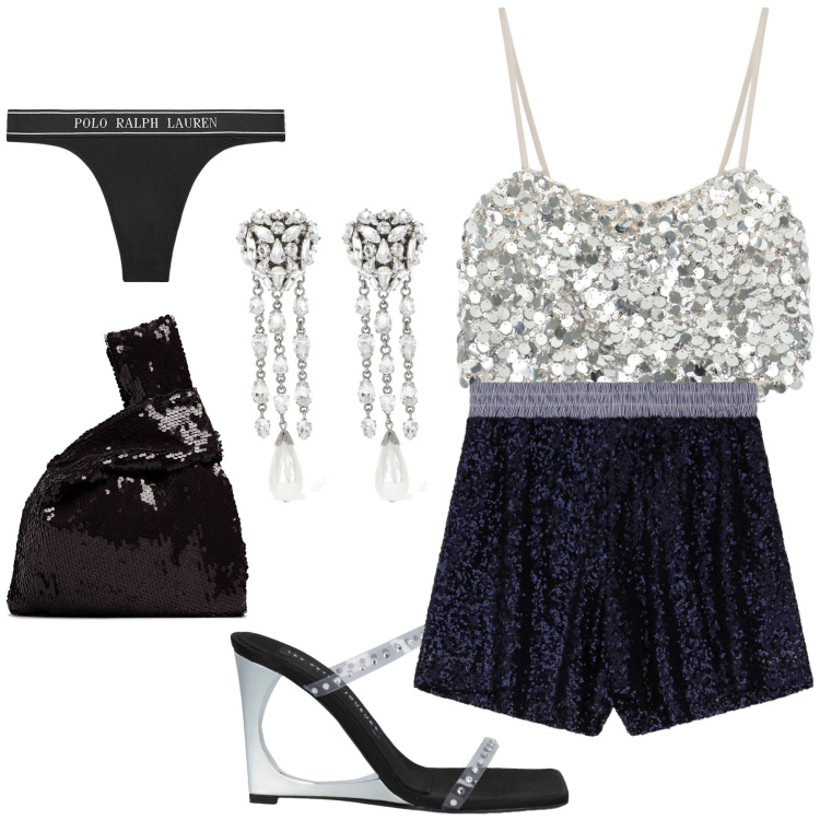 Outfit donna - Serata in shorts e brillii. Stile Sexy per Serata fuori. Abbinamento con sandali col tacco, shorts, top, perizomi, orecchini, pochette.