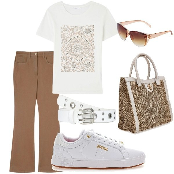 Outfit donna - A spasso per la città. Stile Casual per Tutti i giorni. Abbinamento con occhiali da sole, t-shirt, cinture, sneakers, pantaloni, borse a spalla.