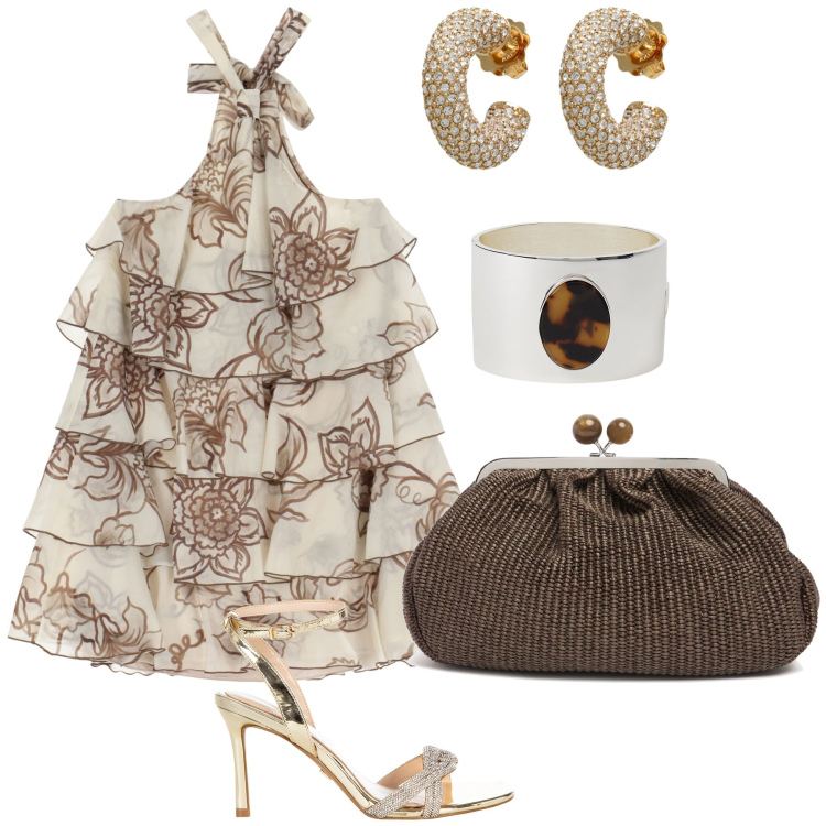 Outfit donna - Festa d’anniversario. Stile Glamour per Cerimonia. Abbinamento con orecchini, sandali col tacco, vestiti corti, braccialetti, pochette.