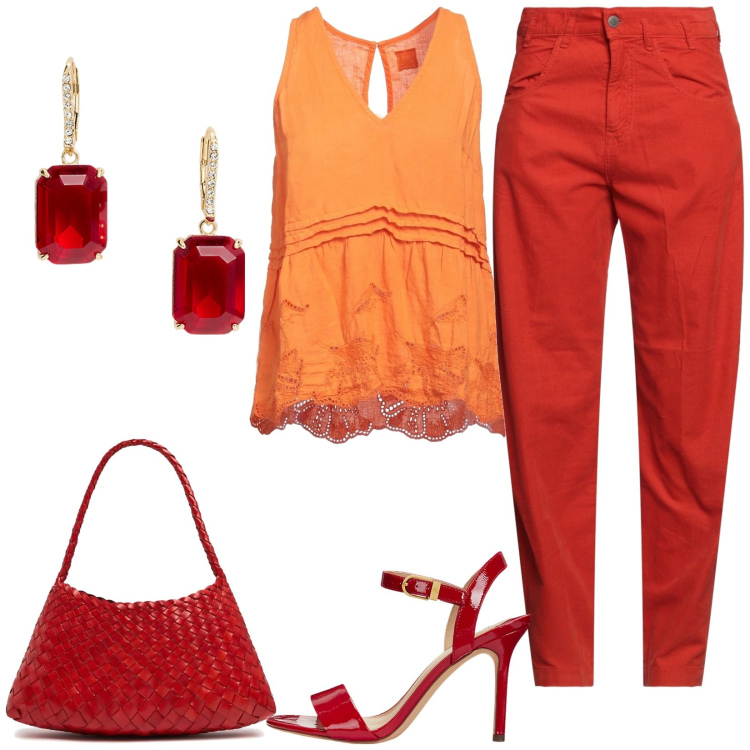 Outfit donna - Al tramonto. Stile Glamour per Serata fuori. Abbinamento con pantaloni, top, sandali col tacco, orecchini, borse a spalla.
