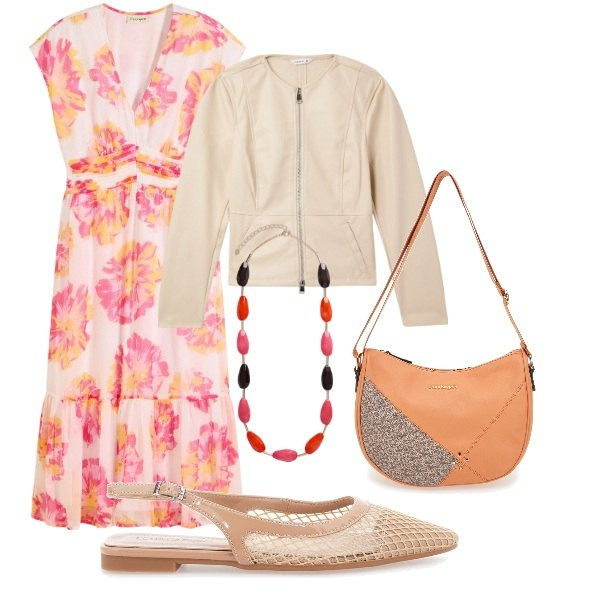 Outfit donna - Il vestito a fiori. Stile Casual chic per Tutti i giorni. Abbinamento con vestiti midi/longuette, blazer, borse a tracolla, ballerine, collane.
