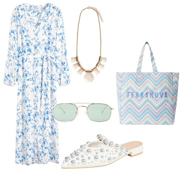 Outfit donna - Il vestito a fiori. Stile Casual per Tutti i giorni. Abbinamento con vestiti, ballerine, borse tote, occhiali da sole, collane.