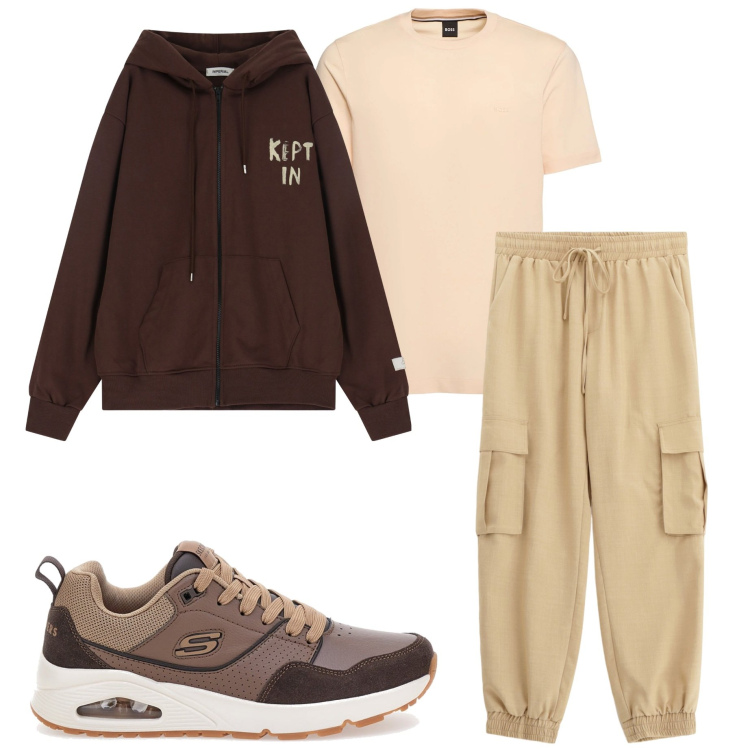 Outfit uomo - Passeggiata nel parco. Stile Casual per Sport. Abbinamento con pantaloni cargo, felpe con cappuccio, sneakers, t-shirt.