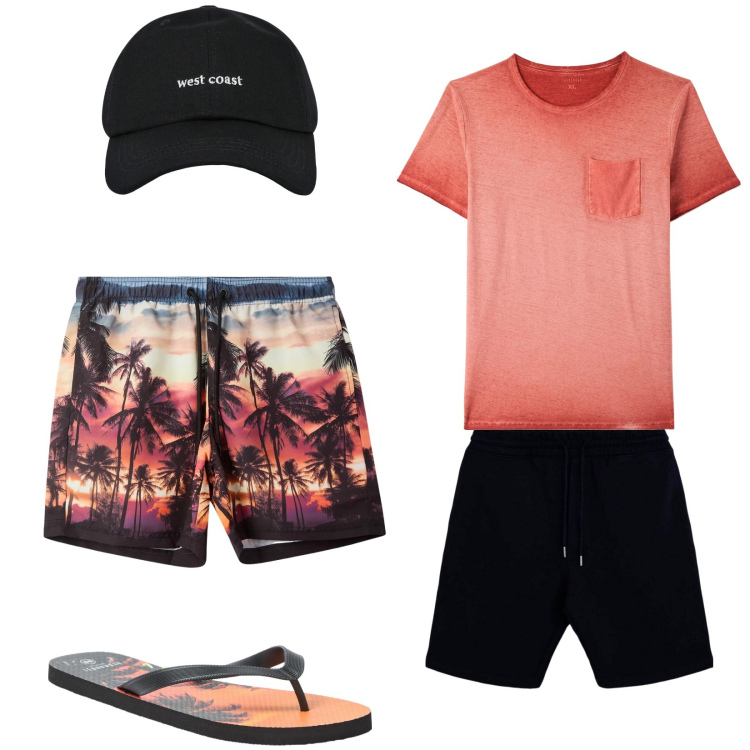 Outfit uomo - Finalmente al mare!. Stile Casual per Mare. Abbinamento con t-shirt, sandali, cappelli con visiera, costumi, pantaloni corti.