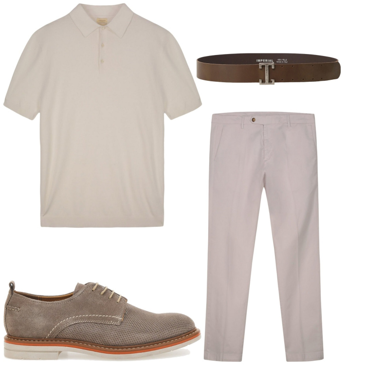 Outfit uomo - Color sabbia. Stile Urban per Tutti i giorni. Abbinamento con cinture, scarpe stringate, pantaloni chino, polo.