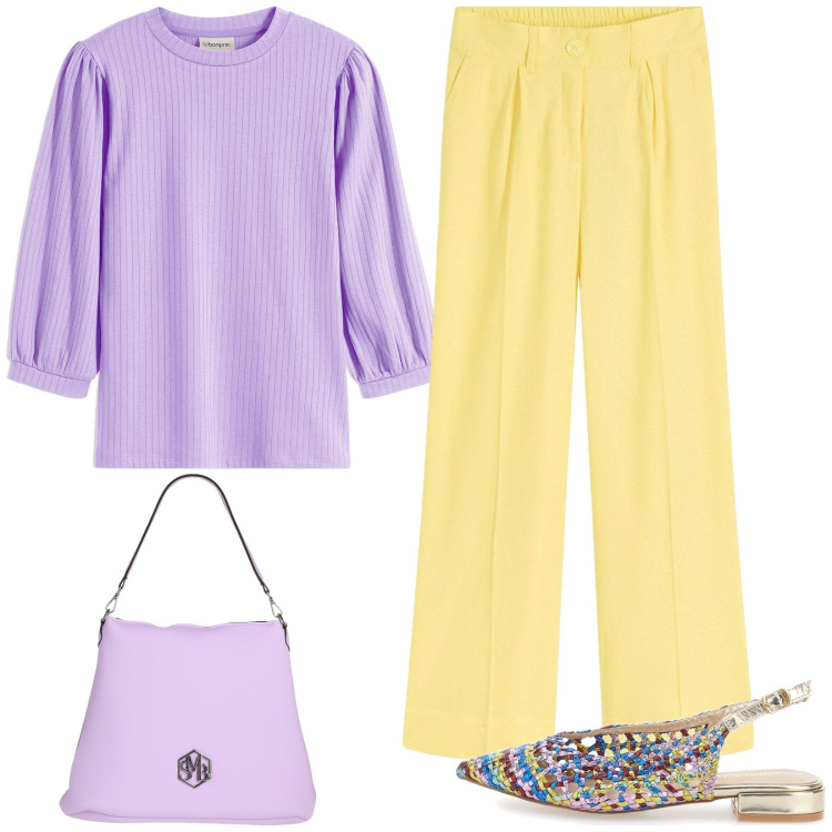 Outfit donna - Shopping in città. Stile Casual chic per Tutti i giorni. Abbinamento con pantaloni a palazzo, maglieria, borse a spalla, ballerine.