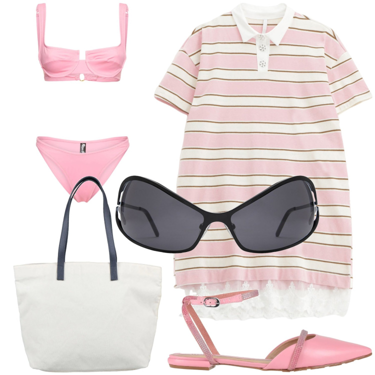 Outfit donna - Teneramente in spiaggia. Stile Trendy per Mare. Abbinamento con borse a spalla, ballerine, vestiti corti, bikini, occhiali da sole.