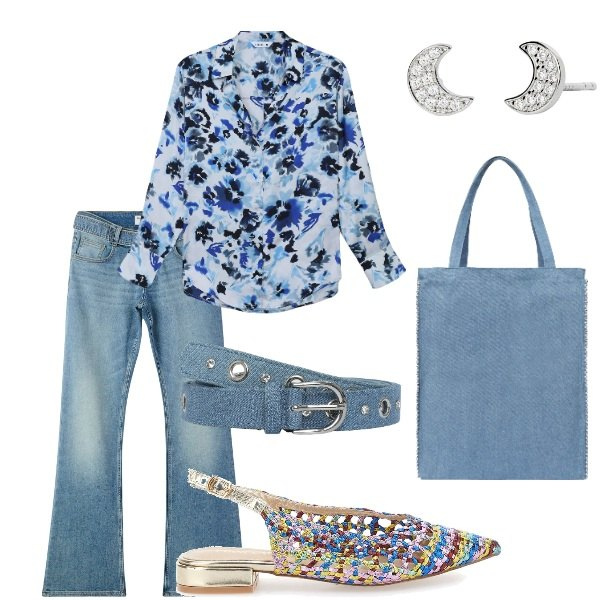 Outfit donna - Ballerine intrecciate. Stile Casual per Tutti i giorni. Abbinamento con cinture, camicie, jeans a zampa, borse tote, orecchini, ballerine.