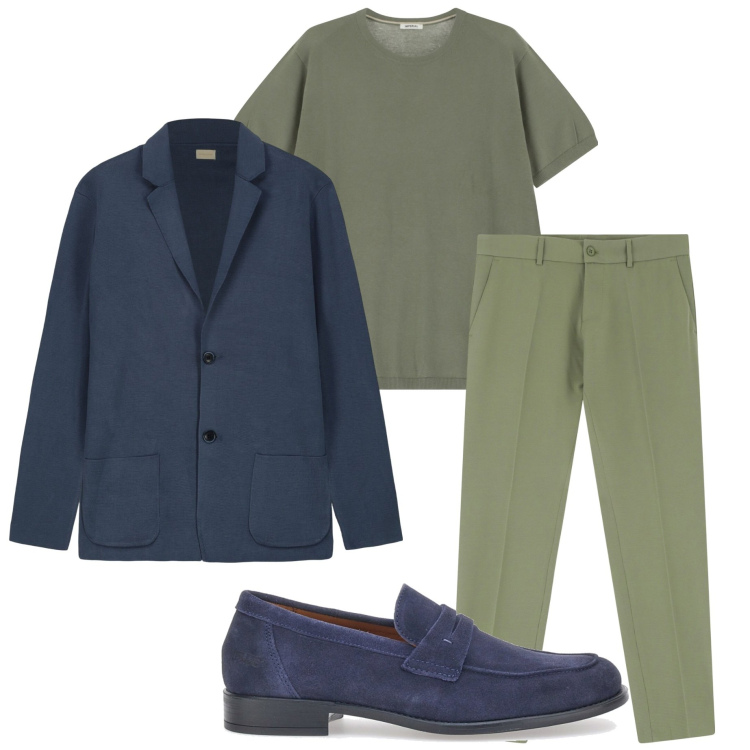 Outfit uomo - In ufficio. Stile Business/Elegante per Ufficio. Abbinamento con t-shirt, jeans, scarpe stringate, cardigans.