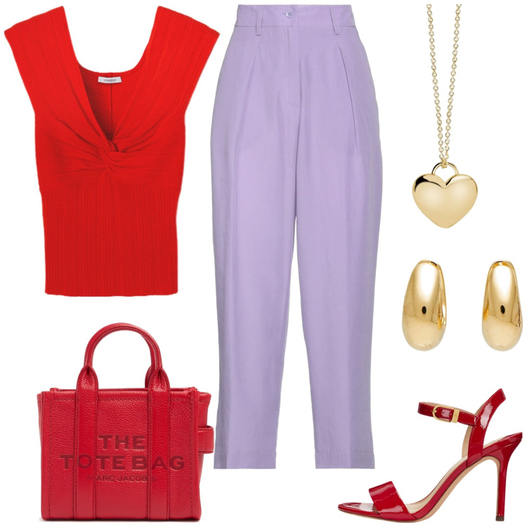 Outfit donna - Rosso e viola. Stile Casual chic per Serata fuori. Abbinamento con orecchini, pantaloni, collane, sandali col tacco, borse a tracolla, t-shirt.