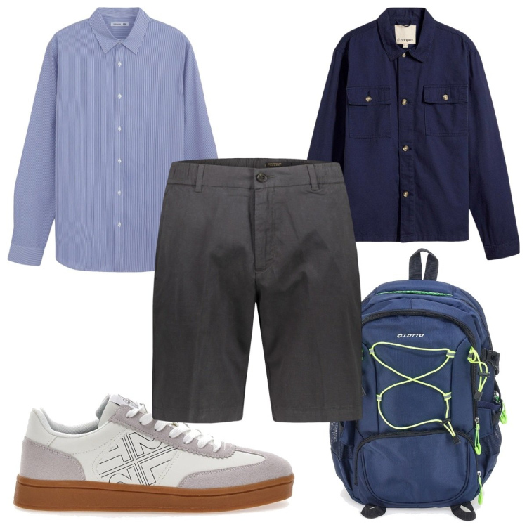 Outfit uomo - Weekend fuori porta con lo zaino. Stile Trendy per Tutti i giorni. Abbinamento con giacche, camicie, bermuda, sneakers, borse sportive.