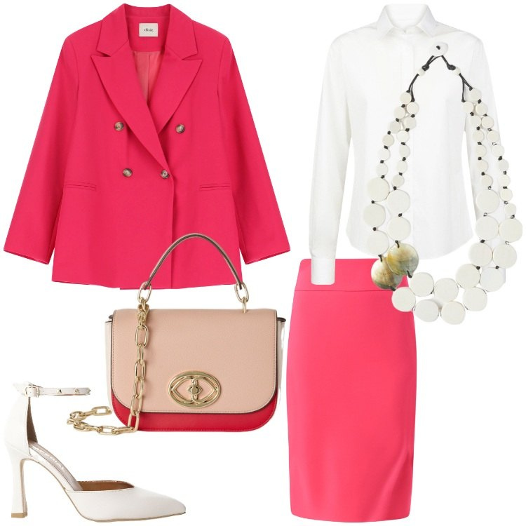 Outfit donna - Cherry chic. Stile Chic per Cerimonia. Abbinamento con décolleté, blazer, gonne, camicie, ciondoli, borse a tracolla.